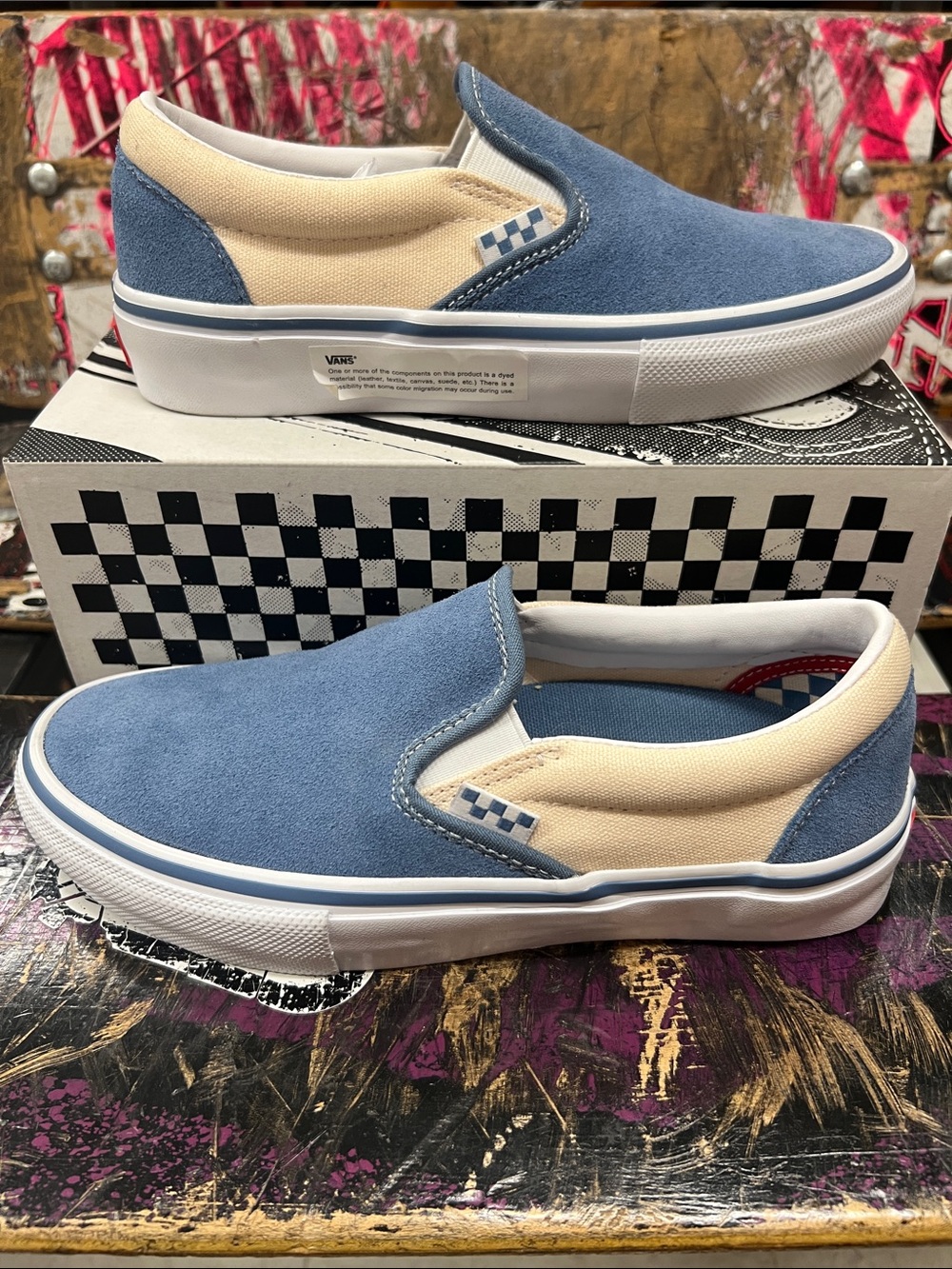 Vans Skate Slip-On Sneakers in Blue and Cream, M’s 5/W’s 6.5